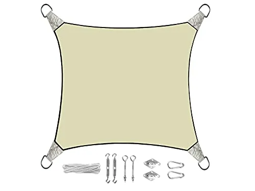 Sonnensegel Quadratisch 5m Farbe Creme mit praktischem Ösen Montagekit
