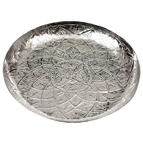 großes rundes XXL Tablett Ø 55 cm Aluminium verziert - flaches Dekotablett für Trockengestecke, für Kerzen, für Dekofiguren, zu Ostern oder Weihnachten
