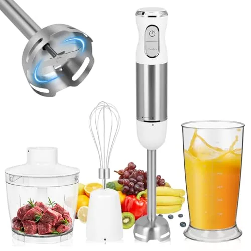 Vankarr 4 in 1 Stabmixer Elektrischer,1000W,Elektrische Stabmixer set,Pürierstab mit 30 einstellbaren Geschwindigkeiten,500ml Lebensmittelhacker und 600ml Messbecher,weiß