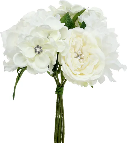 Eleganter Deko-Brautstrauß mit Perlen und Strass - Sonstige, handgebundener Brautstrauß mit 6 künstlichen Blumen in Weiß und Creme, verziert mit Perlen und Strass für zeitlose Eleganz.