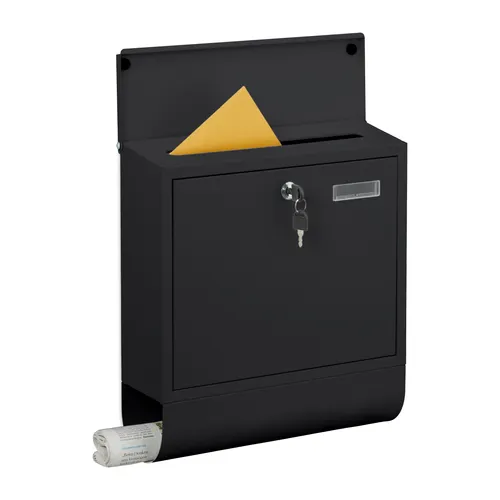 relaxdays Briefkasten mit Zeitungsfach, schwarz - Moderne Postbox aus pulverbeschichtetem Eisen mit Zeitungsröhre für einfache Entnahme. Zylinderschloss schützt Deine Sendungen. Ideal für alle, die eine stilvolle und sichere Lösung suchen.