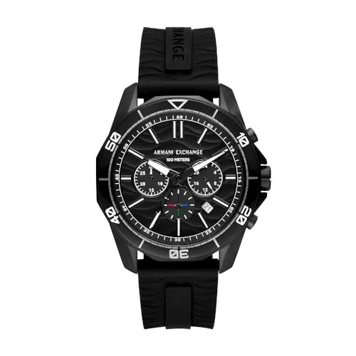 ARMANI EXCHANGE Watch AX1961 - Herren Armbanduhr mit 44-mm-Gehäuse und wasserdicht bis 100 m, ideal für Sport und Alltag, stylishes Design mit schwarzem Zifferblatt und Silikonarmband.