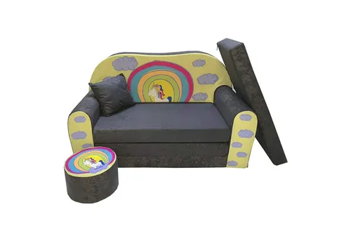 FORTISLINE Kindersitzgruppe mit Aufklappfunktion - Sitzgarnitur für Kinder, transformierbar in ein gemütliches Bett. Inklusive Hocker und Kissen, ideal für Spielen und Entspannen.