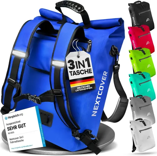 Nextcover 3in1 Fahrradtasche für Gepäckträger - Wasserdicht und vielseitig - Fahrradtaschen: Die Nextcover 3in1 TPU-Fahrradtasche verwandelt sich schnell in Rucksack oder Umhängetasche. Zuverlässig wasserdicht, ergonomisches Tragesystem und 100 % Zufriedenheitsgarantie.