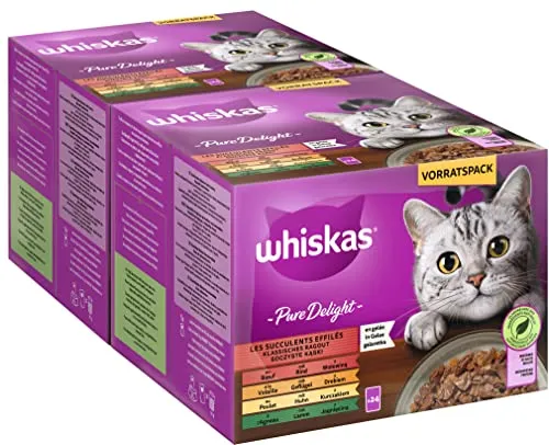 Whiskas 1+ Katzenfutter Pure Delight Klassische Auswahl in Gelee, 24x85g (2 Packungen) – Hochwertiges Nassfutter für ausgewachsene Katzen in 48 Portionsbeuteln