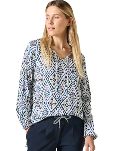 CECIL Damen B345128 Bedruckte Bluse in Vanilla White, XS EU - Stylische Damenbluse mit grafischem Muster und gerundetem Saum, ideal für einen eleganten Look. Aus weicher Viskose für hohen Tragekomfort.
