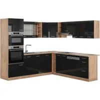 Vicco Winkelküche R-Line, Schwarz Hochglanz/Goldkraft Eiche - Moderne L-Küche mit höhenverstellbaren Füßen, flexibel umstellbaren Modulen und in verschiedenen Farben erhältlich – ideal für Ihr Zuhause.