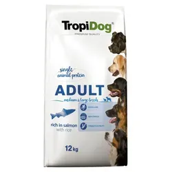 TROPIDOG Premium Adult Hundefutter für mittlere und große Rassen - Premium Hundefutter für ausgewachsene Hunde, reich an Lachs und Reis, sorgt für gesunde Haut und glänzendes Fell. Ideal für Hunde ab 1 Jahr.