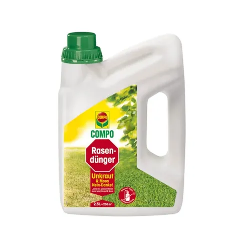 COMPO Rasendünger Unkraut u. Moos Nein Danke, 2,5 Ltr - Dünger für gesunden Rasen, bekämpft Unkraut und Moos effektiv, ideal für eine grüne Gartenlandschaft.
