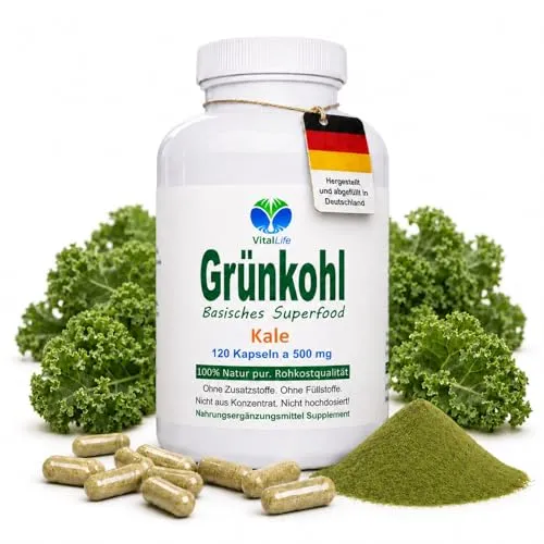 GRÜNKOHL pur 120 Kapseln basische POWERGREENS - Super Greens Pulver SuperFood Vitalstoff Champion - SULFORAPHAN LUTEIN ANTIOXIDANTIEN - Rohkostqualität. NATUR pur. OHNE ZUSATZSTOFFE. 26695-120