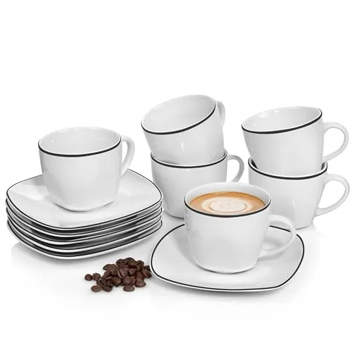 SÄNGER Tassen Set Bilgola Black Rim 12 tlg - Thermobehälter für 6 Personen, handgefertigt aus hochwertigem Porzellan, spülmaschinen- und mikrowellengeeignet, stapelbar für platzsparende Lagerung.