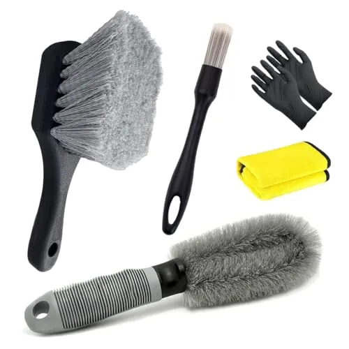 5-teiliges Autoraden-Reinigungsset, Motorrad- oder Fahrradreifenwaschwerkzeug-Set: Reifenbürste, Felgenbürste, Detaillierungsbürsten, Wasch-/Trockentuch, Schutzhandschuhe