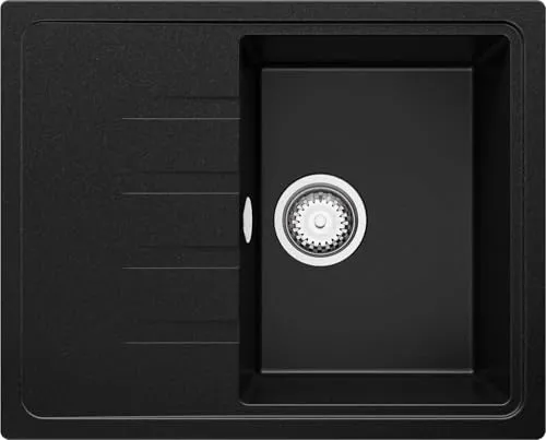PRIMAGRAN Spülbecken Schwarz 62x50cm, Granitspüle 1 Becken + Ablauf-Set, Küchenspüle ab 40er Unterschrank - Mailand S049