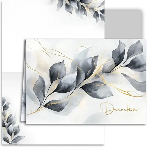 10x Dankeskarten Set A6 Klappkarten Grau Gold mit Umschlägen für Hochzeit Geburt