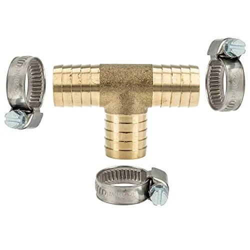 tecuro Schlauchverbinder T-Stück 1/2 Zoll (16 mm), MS-blank, mit 3 x Schlauchschellen W4 12-20 mm