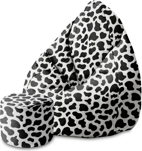Dreamroots Bean Bag 80x80x120cm Puff Sitzsack mit Lehne und Hocker mit Füllung Sitzsack Erwachsene mit Füllung Cow Print