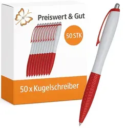 Kuli – Schreibset weiß/wot, Kugelschreiber Set – Schreibgeräte 14 cm, taillierter Schaftform, Druckmechanismus, schwarzschreibend 50 x