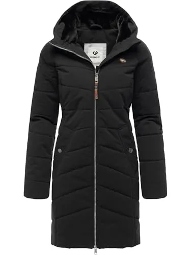 fRagwear Damen Langer Wintermantel warmer Steppmantel mit Kapuze Noita YOUMODO Black Gr. 6XL