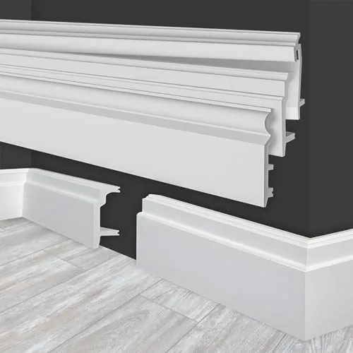 MARBET DESIGN Sockelleisten weiß HDPS Kunststoff - 2 Meter Fußleisten Profil Fußbodenleisten Abschlussleisten Boden Leisten Kabelkanal (HF-1 108x24 mm, Musterstück)
