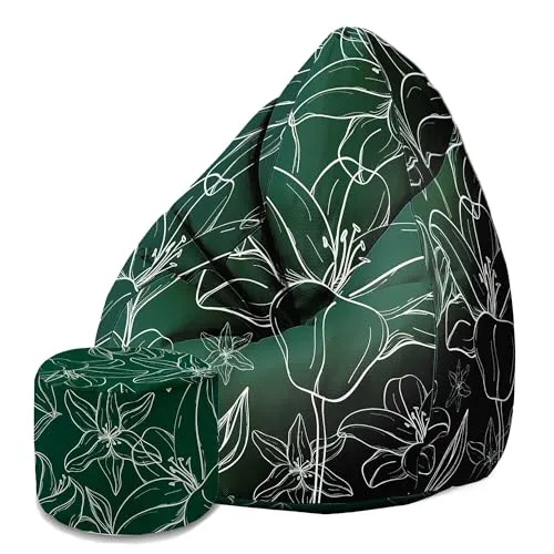 DreamRoots Sitzsack Erwachsene mit Füllung 80x80x120cm - Bean Bag Chair - Sitzsäcke mit Lehne und Hocker und Bezug - Sitzsack Sessel - Chill Sessel Velvet Green Flowers