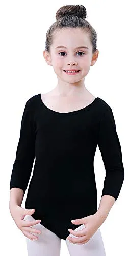 Soudittur Kinder Ballettanzug Baumwolle 3/4 Langarm Ballett Trikot Tanz-Body Turnanzug für Mädchen (Schwarz, Tag 120(Höhe: 115-125 cm))