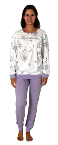 Normann Damen Langarm Schlafanzug Pyjama in Lila, Größe 60-62 - Eleganter Langarm Pyjama mit Knopfleiste und Bündchen für optimalen Tragekomfort. Nach OEKOTEX STANDARD 100 gefertigt, sorgt dieser Schlafanzug für entspannte Nächte und ist in Übergrößen erhältlich.