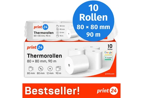 print24 Endlospapier Thermorollen, 80 x 80 x 12mm, 90m, PEFC, Für EPSON, IBM, u.v.m., PEFC-Zertifikat (GFA-PEFC-COC-500582)