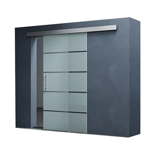 Mai & Mai Glasschiebetür Amalfi komplettset mit 5-Milchglas Streifen - Schiebetür Amalfi aus 8mm ESG-Sicherheitsglas, sanftes Öffnen und Schließen dank Edelstahl-Türrollen. Inkl. Aluminiumschiene und Bodenführung – ideal für moderne Wohnräume.