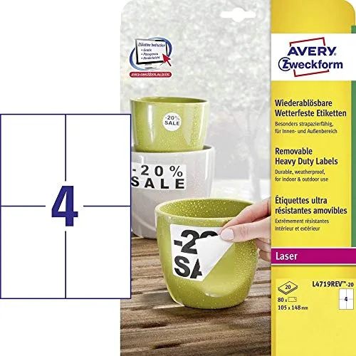 Zweckform Folienetiketten L4719REV-20, ablösbar & wetterfest - Universal-Aufkleber, ideal für temporäre Kennzeichnungen im Innen- und Außenbereich, reißfest und wasserfest, 80 Stück auf 20 Bögen, Made in Germany.