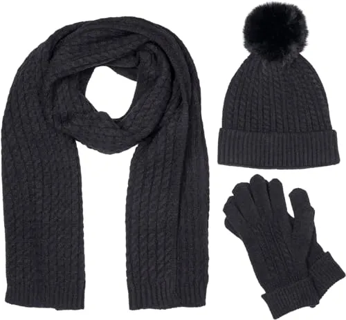 styleBREAKER Damen Set 3-Teilig aus Schal, Bommelmütze und Handschuhe, Zopfmuster Strickschal Warm Winter Einfarbig 01018270, Farbe:Schwarz