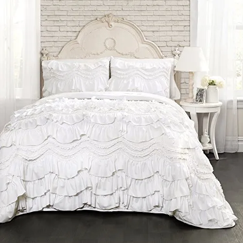 Lush Decor Kemmy Bettwäsche-Set, gesteppt, gerüscht, strukturiert, 3-teilig, für Kingsize-Bett, Weiß
