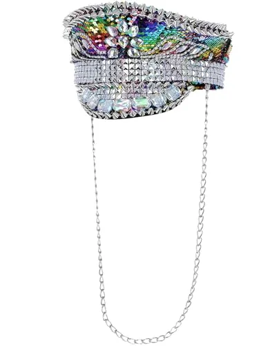 Fever Luxus Pailletten Nieten Kapitän Mütze, Regenbogen in silber von Smiffys