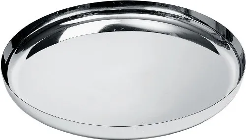 Alessi Runde Servierplatte aus Edelstahl - Elegante Servierplatte aus glänzend poliertem Edelstahl 18/10, ideal für stilvolle Anlässe und besondere Präsentationen.