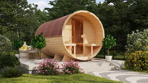 KONIFERA Fasssauna Lathy XXL - 9-kW-Ofen mit integrierter Steuerung - Fasssauna mit Terrasse, 38 mm Wandstärke und hervorragender Wärmespeicherung, ideal für ganzjährige Entspannung im Garten.