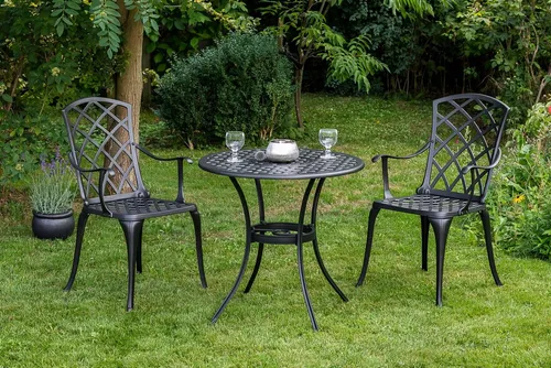 Merxx Rhodos Set 3tlg. - Elegantes Gartenmöbel-Set - Gartenmöbel-Set mit klassischem Design, inklusive Tisch mit integriertem Getränkekühler für kühle Erfrischungen an warmen Tagen. Aus robustem Aluminiumguss gefertigt.