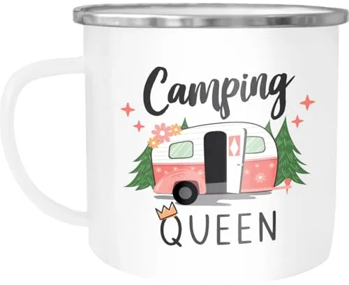 MoonWorks® Emaille-Tasse Camping Queen King Wohnwagen Geschenk Camper Campingurlaub Zubehör Emaille-weiss-silber standard