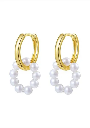 Hey Happiness Paar Ohrhänger Perlen Ohrringe Damen Silber 925 Gold 18K hängend, Silber Creolen Süßwasserperle weiß, Brautschmuck