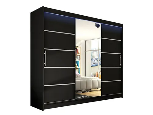 MIRJAN24 Schwebetürenschrank Aston VI mit RGB LED Beleuchtung - Großer Schwebetürenschrank in Schwarz mit Frontspiegel und stilvoller RGB LED-Beleuchtung. Ideal für modernen Stauraum und elegante Raumgestaltung.