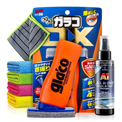 Auto Scheibenversiegelung Set: Soft99 Glaco DX (110ml) + Glasreiniger (100ml) - Glas Versiegelung, Scheibenversiegelung Auto, Regenabweiser Autoscheiben, Autoscheiben Versiegelung | 6-teilig