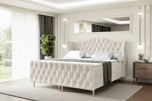 ALTDECOR Boxspringbett mit Stauraum und Topper - Beige - Das elegante Boxspringbett mit zwei Bettkästen bietet viel Platz für Bettwäsche und sorgt für Ordnung im Schlafzimmer. Die 20 cm hohe, mittelhart H3-Matratze passt sich optimal an die Körperform an und garantiert erholsame Nächte.