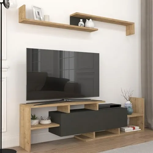 [en.casa] TV Schrank Liksefte mit Wandregal Lowboard Fernsehschrank 154 x 28 x 42 cm TV Board mit Stauraum Wohnzimmerschrank Fernsehtisch Saphir-Eiche/Schwarz