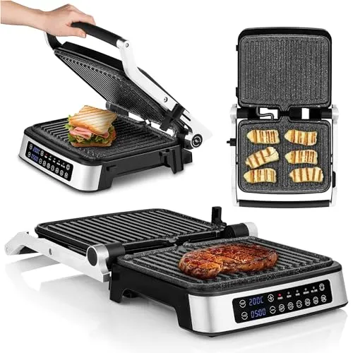 ZEEGMA Grill Chef Elektrischer Kontaktgrill 2100W - 2in1 Kontaktgrill und Sandwichtoaster mit herausnehmbaren, spülmaschinengeeigneten Heizplatten und 5 Automatikprogrammen für perfektes Grillen.