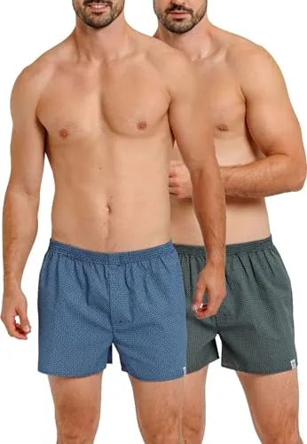 HAASIS BODYWEAR, Herren Web-Boxer, GOTS zertifiziert, 2er Pack mit Eingriff, Webstoff, Baumwolle KBA, Größe:M, Farbe:navy/print