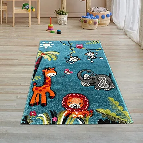 Teppich-Traum Kinderzimmerteppich mit Zootieren 3D-Effekt Konturenschnitt in blau bunt Größe 80 x 150 cm