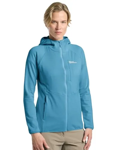 Fleecejacke JACK WOLFSKIN KOLBENBERG HOODED FZ W, Damen, XL, skyblau - Funktionsjacke aus leichtem, warmem Gitterfleece, ideal für kühle Tage. Atmungsaktiv und aus recyceltem Material, perfekt als Zwischen- oder Außenschicht.