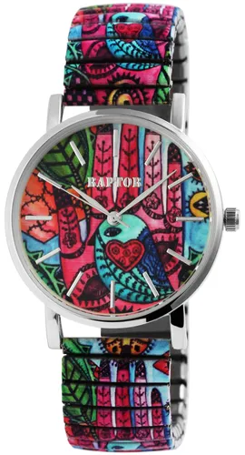 Raptor Quarzuhr Colorful Edition - Stylische Damenarmbanduhr mit hochwertigem Quarzuhrwerk und flexiblem Edelstahl-Zugarmband für hohen Tragekomfort. Das bunte Muster sorgt für einen modernen Hingucker.