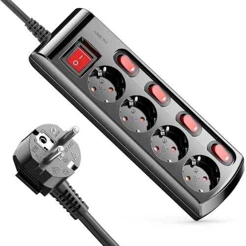 deleyCON 4 Fach Steckdosenleiste Einzeln Schaltbar 3,0m Kabel (4X EIN/Aus Schalter und 1x Hauptschalter) Strom Stromleiste Mehrfachsteckdose mit erhöhtem Berührungsschutz - Schwarz