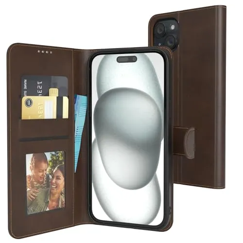 EAZY CASE - Klapphülle für iPhone 15 Plus Hülle klappbar mit Kameraschutz Schutzhülle magnetisch Case Standfunktion Kunstleder Klapptasche Kartenfach Sichtfenster für Foto Premium Handyhülle Braun