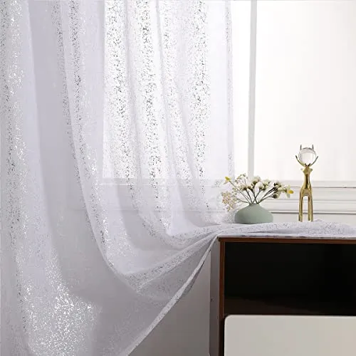 TERLYTEX Durchsichtige glitzernde Vorhänge für Wohnzimmer – Schicke glitzernde weiße transparente Vorhänge, 213 cm Länge, metallische Silberfolie, glänzende Sichtschutz, 132 x 213 cm, 2 Paneele,
