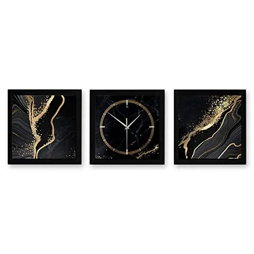 3D Designer-Wanduhr Gold & Black Marble 3-teilige Quarzuhr 150x50cm Schwarz in modernem Metallic-Look rechteckig ohne Tickgeräusche (Gold & Black Marble Querformat, 150x50cm; leises Quarzuhrwerk)